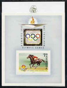 Barbuda 1976 Montreal Olympic Games imperf proof of UNISSUED $2 m/sheet (Show Jumping) stamp size in full colour affixed to m/sheet and mounted on Format Proof card 96 mm x 127mm, superb & rare