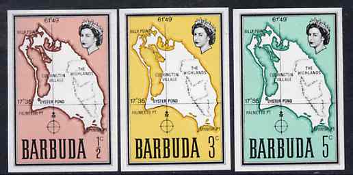 Barbuda 1968 Maps - Imperf proofs of three different values from the first QEII def set on ungummed paper, exceptionally rare