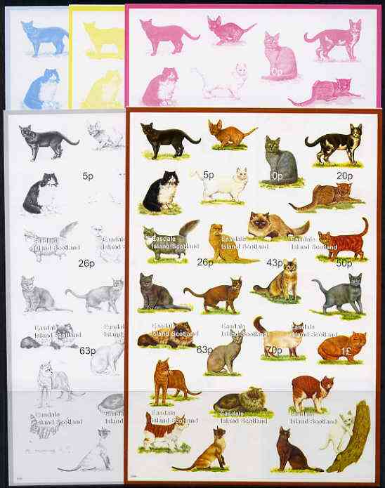 Easdale 1999 Cats Composite sheetlet containing 9 values, the set of 5 imperf progressive proofs comprising the 4 basic colours plus all 4-colour composites unmounted mint