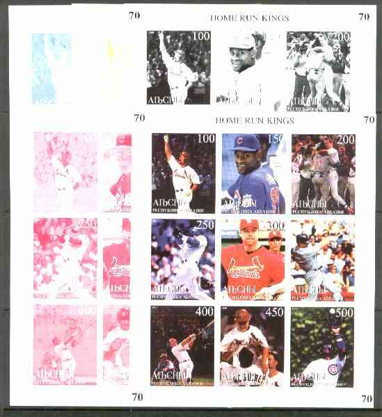 Abkhazia 1999 Baseball (Home Run Kings) sheetlet containing 9 values, the set of 5 imperf progressive proofs comprising the 4 individual colours, plus all 4-colour composite unmounted mint