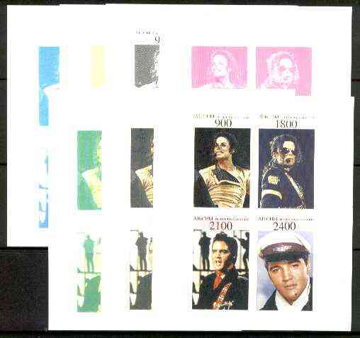 Abkhazia 1995 Michael Jackson & Elvis Presley sheetlet of 4 values each x 7 imperf progressive colour proofs comprising the 4 individual colours plus 2, 3 and all 4-colour composites (28 proofs) unmounted mint