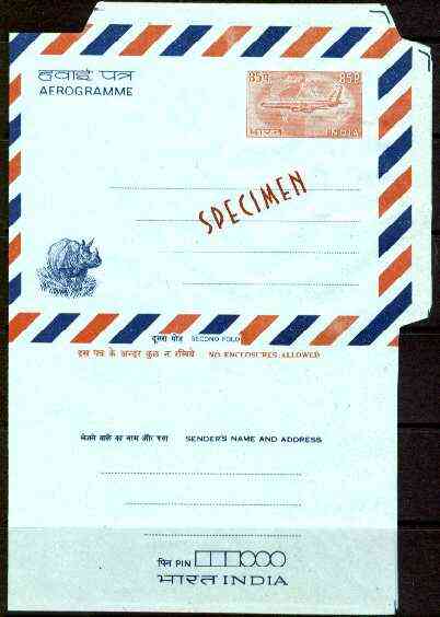 Aerogramme - India 1960c 85p p/stationery Aerogramme (Aeroplane with Rhino in opposite corner) opt'd SPECIMEN, unused and very fine)