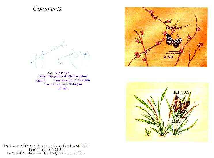 Bhutan 1990 Butterflies - Chestnut Tiger & Common Map imperf m/sheets mounted in Folder entitled 'Your Proofs from the House of Questa', signed and approved by Director PTT, exceptionally rare ex Government archives