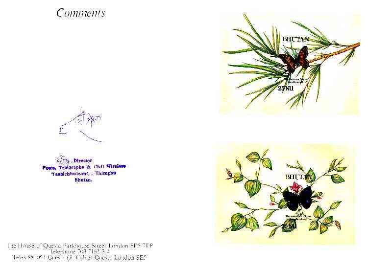Bhutan 1990 Butterflies - Swallowtail & Jungle Glory imperf m/sheets mounted in Folder entitled 'Your Proofs from the House of Questa', signed and approved by Director PTT, exceptionally rare ex Government archives