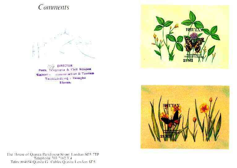 Bhutan 1990 Butterflies - Chequered Swallowtail & Common Birdwing imperf m/sheets mounted in Folder entitled 'Your Proofs from the House of Questa', signed and approved by Director PTT, exceptionally rare ex Government archives