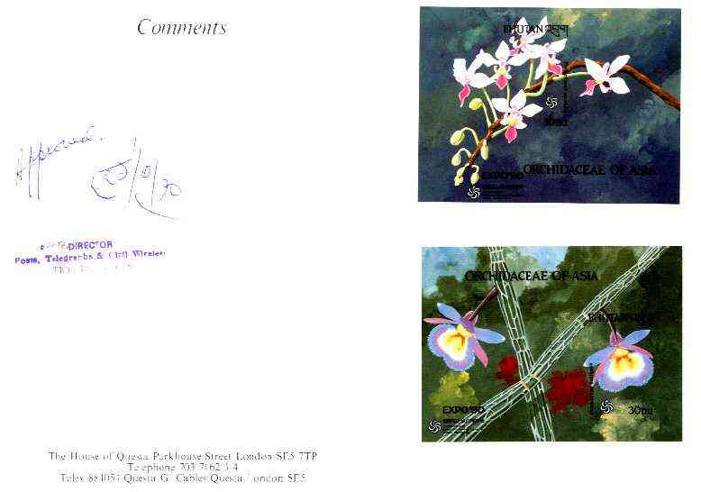Bhutan 1990 Orchids - Phalaenopsis equestris & Dendrobium loddigesii imperf m/sheets mounted in Folder entitled 'Your Proofs from the House of Questa', signed and approved by Director PTT, exceptionally rare ex Government archives (Sc 889 & 887)