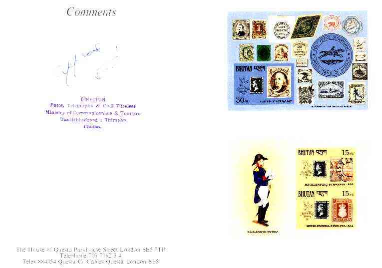 Bhutan 1990 150th Anniversary of Penny Black - Private Post Stamps & Postman imperf m/sheets mounted in Folder entitled 'Your Proofs from the House of Questa', signed and approved by Director PTT, exceptionally rare ex Government archives