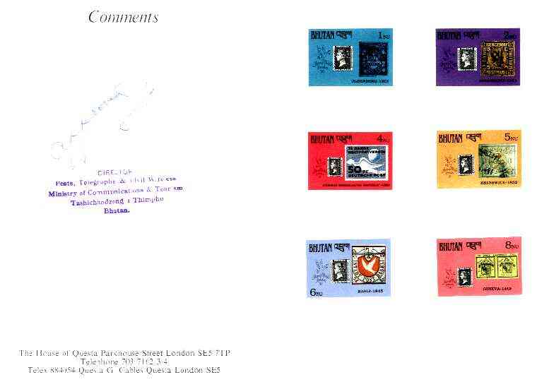 Bhutan 1990 150th Anniversary of Penny Black - 6 imperf values (1, 2, 4, 5, 6 & 8nu) mounted in Folder entitled 'Your Proofs from the House of Questa', signed and approved by Director PTT, exceptionally rare ex Government archives
