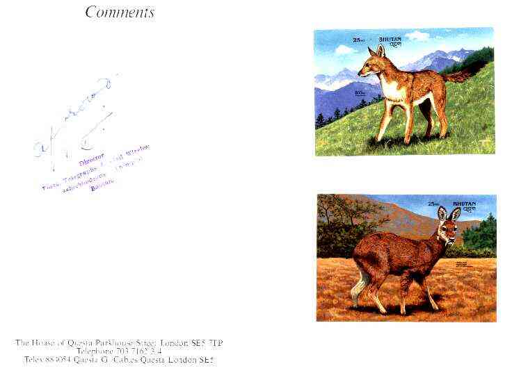 Bhutan 1990 Endangered Wildlife - 25nu (Wild Dog) & 25nu (Musk Deer) imperf m/sheets mounted in Folder entitled 'Your Proofs from the House of Questa', signed and approved by Director PTT, exceptionally rare ex Government archives (Sc 932 & 935)
