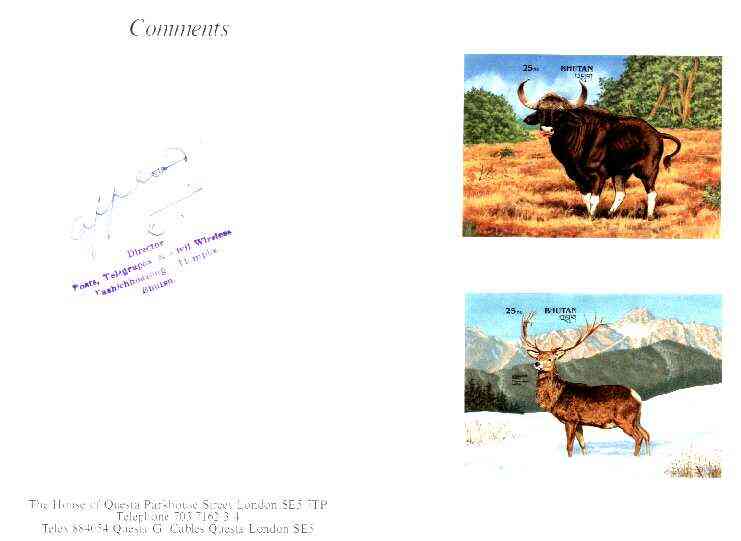 Bhutan 1990 Endangered Wildlife - 25nu (Gaur) & 25nu (Himalayan Shou) imperf m/sheets mounted in Folder entitled 'Your Proofs from the House of Questa', signed and approved by Director PTT, exceptionally rare ex Government archives (Sc 933 & 938)