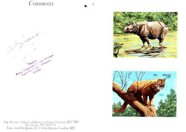 Bhutan 1990 Endangered Wildlife - 25nu (Rhino) & 25nu (Golden Cat) imperf m/sheets mounted in Folder entitled 'Your Proofs from the House of Questa', signed and approved by Director PTT, exceptionally rare ex Government archives (Sc 930 & 934)