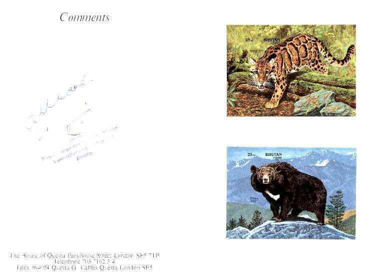 Bhutan 1990 Endangered Wildlife - 25nu (Leopard) & 25nu (Black Bear) imperf m/sheets mounted in Folder entitled 'Your Proofs from the House of Questa', signed and approved by Director PTT, exceptionally rare ex Government archives (Sc 931 & 937)
