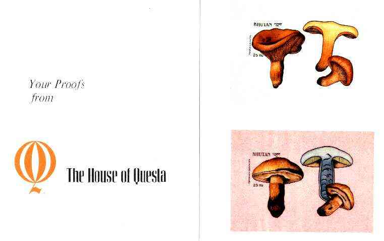 Bhutan 1989 Fungi - 25nu (Paxillus involutus) & 25nu (Gyroporus cyanescens) imperf m/sheets mounted in Folder entitled 'Your Proofs from the House of Questa', exceptionally rare ex Government archives (Sc 729 & 730)