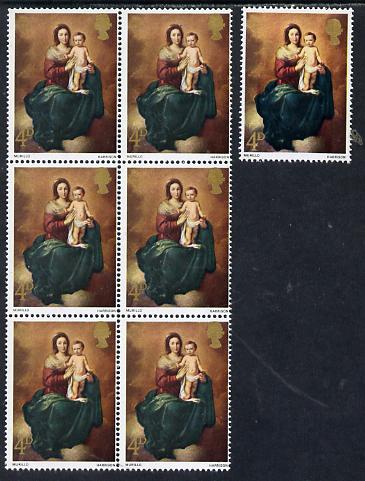 GB Great Britain 1967 Christmas 4d (Murillo) unmounted mint block of 6 with slight misplacement of gold (Queen's head touching upper frame) plus normal single