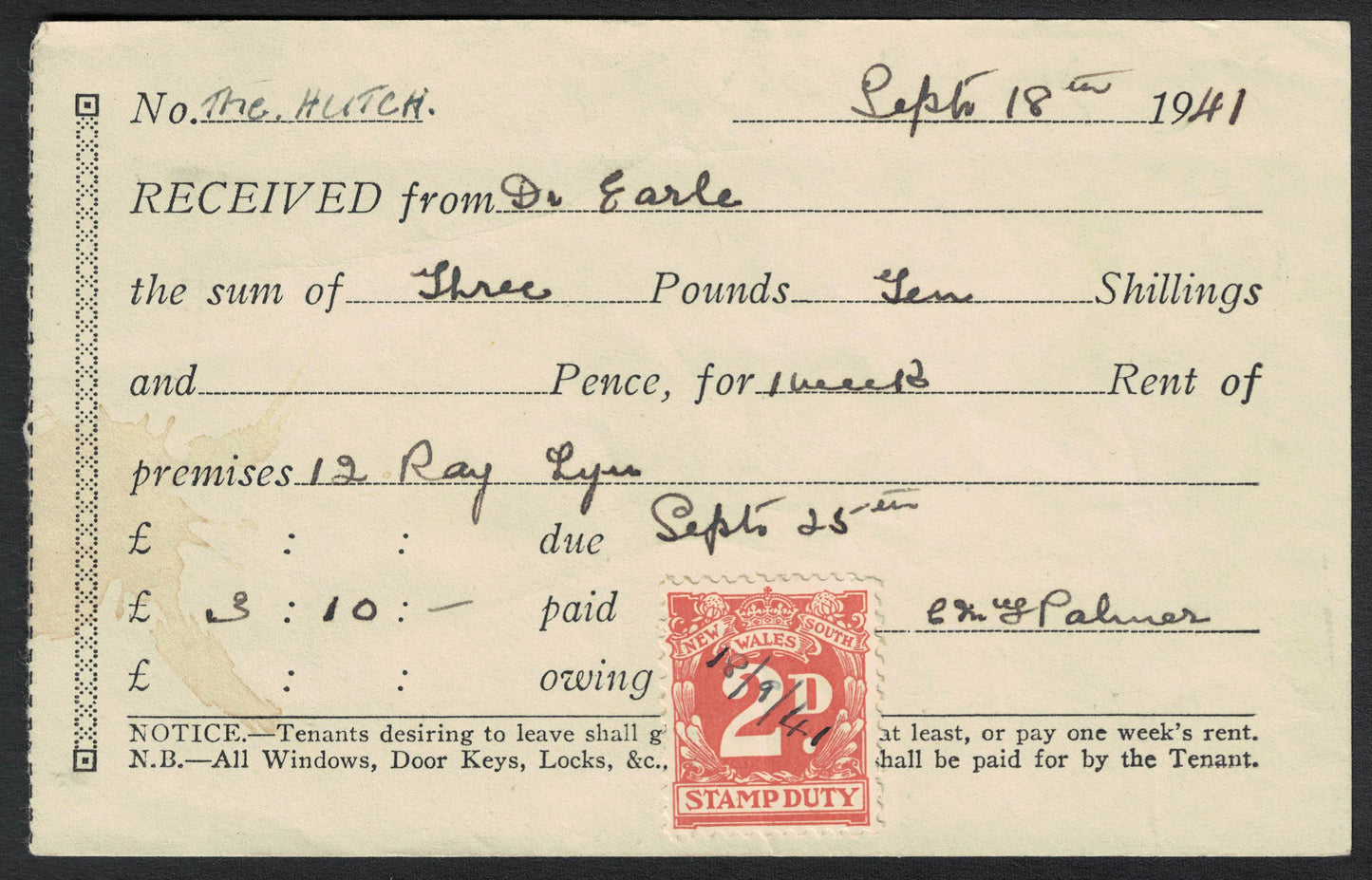 New South Wales 1938 2d Orange Stamp Duty on rent receipt