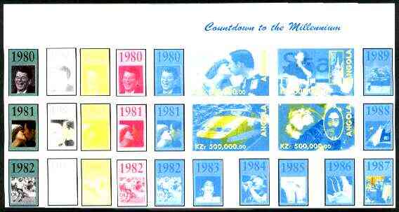 Angola 1999 Countdown to the Millennium #09 (1980-1989) sheetlet containing 4 values (Charles & Di, SNCF Train, Bill Gates, Shuttle, Lennon & Marley) the set of 5 imperf progressive proofs comprising various 2,3 & 4-colour combina……Details Below