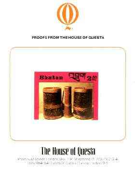 Bhutan 1988c Handcrafts & Antiquities 2.5nu imperf proof on House of Questa card, prepared for use but never issued, rare archive item