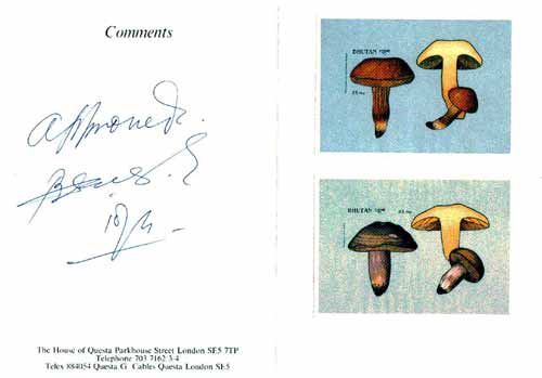 Bhutan 1989 Fungi - 25nu (Xerocomus subtomentosus) & 25nu (Russula olivacea) imperf m/sheets mounted in Folder entitled 'Your Proofs from the House of Questa', signed and approved by Director PTT, exceptionally rare ex Government archives (Sc 735 & 736)