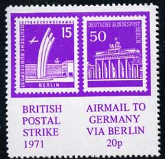 Cinderella - Germany - West Berlin 1971 Rouletted 20p purple (Airlift Monument & Brandenburg Gate Stamps) produced for use during Great Britain Postal strike unmounted mint