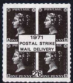 Cinderella - Great Britain 1971 Rouletted 2s6d black (Block of 4 1d blacks) produced for use during Great Britain Postal strike unmounted mint