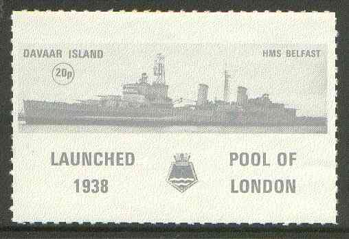 Davaar Island 1972 HMS Belfast 20p grey Rouletted with tab (Launched 1938, Pool of London with crest) unmounted mint