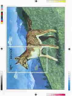 Bhutan 1990 Endangered Wildlife - Intermediate stage computer-generated essay #4 (as submitted for approval) for 25nu m/sheet (Asiatic Wild Dog) 190 x 135 mm very similar to issued design plus marginal markings, ex Government arch……Details Below