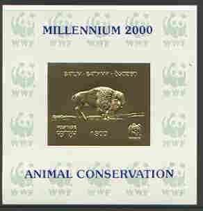 Batum 2000 WWF - Buffalo imperf sheetlet on shiney card with design embossed in gold opt'd 'Millennium 2000, Animal Conservation' in blue