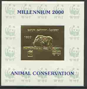 Batum 2000 WWF - Elephant imperf sheetlet on shiney card with design embossed in gold opt'd 'Millennium 2000, Animal Conservation' in blue