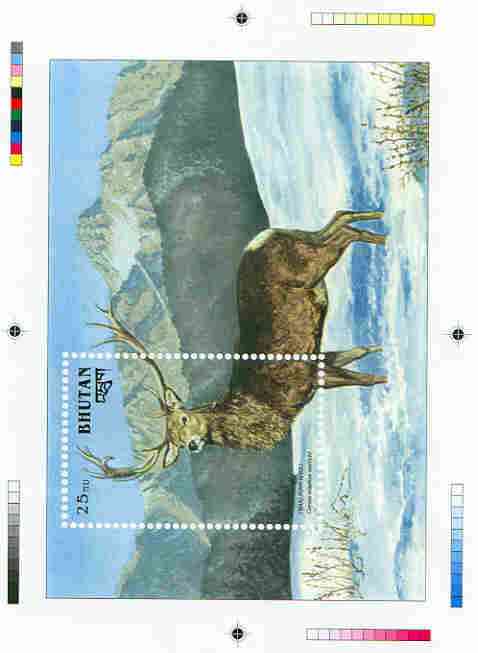 Bhutan 1990 Endangered Wildlife - Intermediate stage computer-generated essay #4 (as submitted for approval) for 25nu m/sheet (Himalayan Shou) 190 x 135 mm very similar to issued design plus marginal markings, ex Government archiv……Details Below