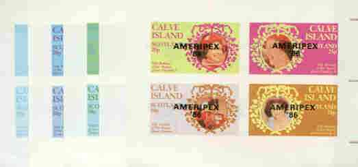 Calve Island 1986 Queen's 60th Birthday imperf sheetlet containing 4 values with AMERIPEX opt in black, set of 5 progressive proofs comprising single & various composite combinations (20 proofs) unmounted mint