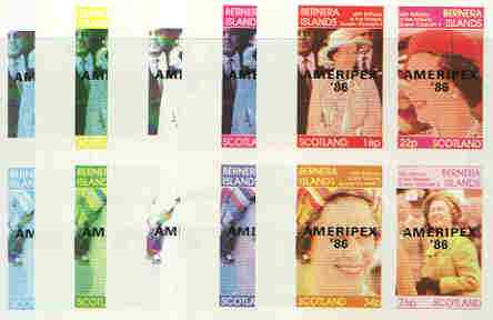 Bernera 1986 Queen's 60th Birthday imperf sheetlet containing 4 values with AMERIPEX opt in black, set of 5 progressive proofs comprising single & various composite combinations (20 proofs) unmounted mint