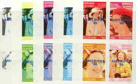 Bernera 1986 Queen's 60th Birthday imperf sheetlet containing 4 values with AMERIPEX opt in blue, set of 5 progressive proofs comprising single & various composite combinations (20 proofs) unmounted mint