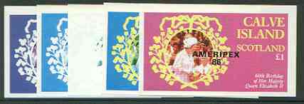 Calve Island 1986 Queen's 60th Birthday imperf souvenir sheet (£1 value) with AMERIPEX opt in black, set of 5 progressive proofs comprising single & various composite combinations unmounted mint