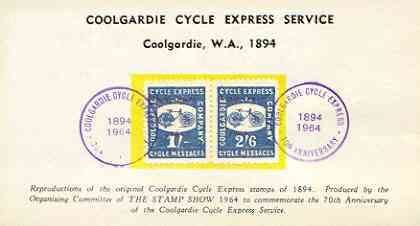 Cinderella 1964 Coolgardie Cycle Express Service reproduction postcard bearing 1s & 2s6d cycle message stamps each opt'd for Stamp Show in red, with 70th Anniversary cancels