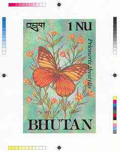 Bhutan 1990 Butterflies - Intermediate stage computer-generated essay #2 (as submitted for approval) for 1nu value (Prioneris thestylis) 100 x 160 mm very similar to issued design plus marginal markings, ex Government archives and……Details Below