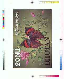 Bhutan 1990 Butterflies - Intermediate stage computer-generated essay #4 (as submitted for approval) for 20nu value (Kallima inachus) 160 x 100 mm very similar to issued design plus marginal markings, ex Government archives and pr……Details Below