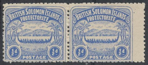 1907 Solomon Islands SG1 ½d Blue Canoe. Horizontal Pair M/M