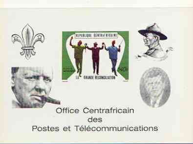 Central African Republic 1970 Reconciliation deluxe proof card in full issued colours (as SG 228) opt'd in black showing Scout logo, Baden Powell, Churchill & Kennedy