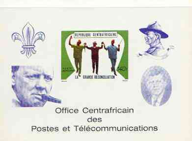 Central African Republic 1970 Reconciliation deluxe proof card in full issued colours (as SG 228) opt'd in blue showing Scout logo, Baden Powell, Churchill & Kennedy