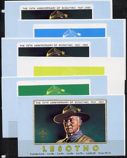 Booklet - Lesotho 1982 Baden Powell Scout Anniversary booklet x 6 progressive proofs of front cover comprising various individual or combination composites incl completed design (both sides), very scarce