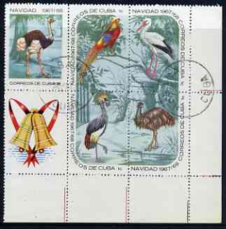 Cuba 1967 Christmas (Birds) block of 6 (the 5 x 1c values plus label) cto used, SG 1556 & 1559a/d