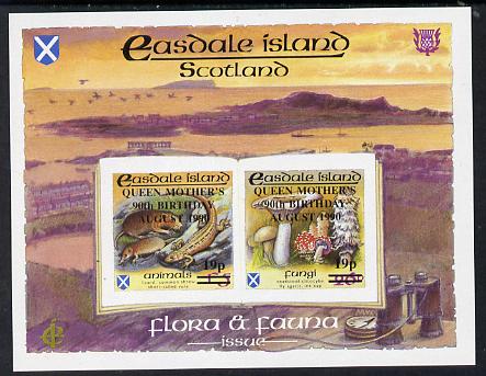Easdale 1990 90th Birthday of Queen Mother overprinted on Flora & Fauna definitive imperf sheetlet containing 19p on 26p (Fungi) & 19p on £5 (Animals) unmounted mint