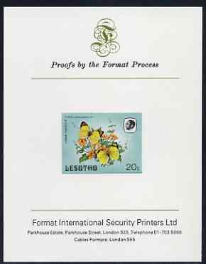 Lesotho 1984 Butterflies Lemon Traveller 20s imperf proof mounted on Format International proof card as SG 572