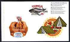 Booklet - Tonga 1994 25th Anniversary of Self-Adhesive stamps booklet pane of 3 stamps showing Peeling s/a stamp, Protect the Whales, Scouts & Rotary, unmounted mint, SG 1282a