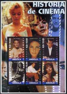 Angola 2002 History of the Cinema #03 large imperf sheetlet containing set of 6 values unmounted mint (Paul Newman, Liz Taylor, Gregory Peck (inscribed Steve McQueen in error) Sophia Loren, Richard Burton & Natilie Wood)