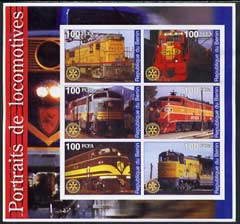 Benin 2002 Portraits of Locomotives imperf sheetlet containing set of 6 values each with Rotary Logo unmounted mint