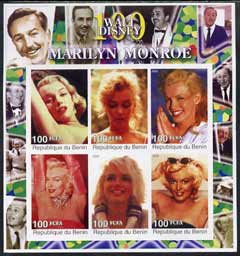 Benin 2002 Birth Centenary of Walt Disney featuring Marilyn Monroe imperf sheetlet containing set of 6 values unmounted mint