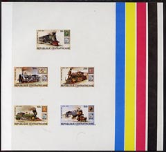 Central African Empire 1979 Death Centenary of Sir Rowland Hill (Railway Locos) imperf master proof containing set of 5 values on gummed paper showing solid colour bars, rare