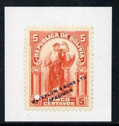Bolivia 1920 Justice 5c colour trial in orange affixed to small piece overprinted 'Waterlow & Sons Ltd, Specimen' with small security puncture