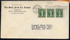 Canada 1937 cover to New york from Scott Fruit Co bearing 3 x 1c KG6 adhesives (1 damaged)